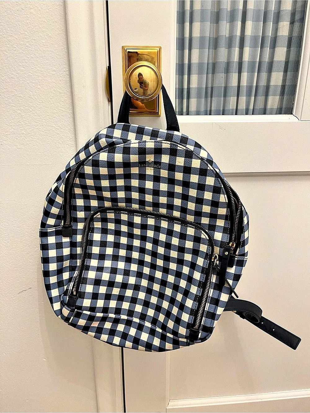 Kate Spade Gingham Medium Flap Backpack backpack Blue & white